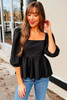 Black Textured Square Neck Puff Sleeve Peplum Blouse