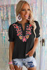 Black Floral Embroidered Ruffled Puff Sleeve Blouse