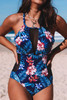 Black Floral Print Mesh Patchwork Criss Cross One-piece Swimsuit