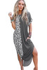 Gray Contrast Solid Leopard Short Sleeve T-shirt Dress with Slits