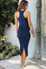 Blue Racer Back Ruched Knit Midi Dress