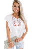 White Floral Embroidered Ruffled Lace-up V Neck Top