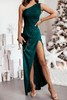 Green One Shoulder High Slit Glitter Dress