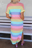 Multicolor Striped Side Split Pockets V Neck T Shirt Midi Dress