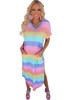 Multicolor Striped Side Split Pockets V Neck T Shirt Midi Dress