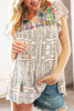 Beige Geometric Embroidered Spotted Print Tassel V Neck Blouse