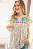 Beige Geometric Embroidered Spotted Print Tassel V Neck Blouse