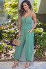 Green Shirred High Waist Sleeveless V Neck Jumpsuit