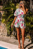 White Floral Single Bubble Sleeve Slant Shoulder Romper