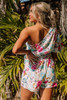 White Floral Single Bubble Sleeve Slant Shoulder Romper White Floral Single Bubble Sleeve Slant Shoulder Romper