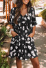 Black Khaki V Neck Floral Babydoll Dress with Pockets