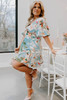 Sky Blue Floral Print Ruffled Puff Sleeve Plus Size Mini Dress