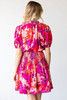 Rose Floral Smocked Waist Bubble Sleeve Flare Dress