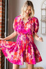 Rose Floral Smocked Waist Bubble Sleeve Flare Dress