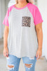 Stripe Leopard Patch Pocket Plus Size Raglan Sleeve Tee