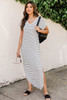 Black Striped Print Side Split Short Sleeve V Neck Maxi Dress