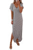 Black Striped Print Side Split Short Sleeve V Neck Maxi Dress