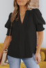 Black Solid Color Half Sleeve V Neck Blouse