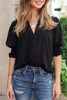 Black Solid Color Half Sleeve V Neck Blouse