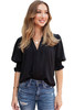 Black Solid Color Half Sleeve V Neck Blouse