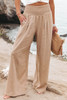 Khaki Smocked Wide Waistband High Waist Wide Leg Pants