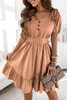 Brown V-Neck Ruffle Buttoned Midi Dress