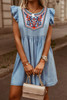 Sky Blue Floral Embroidered Ruffled Sleeve Mini Dress