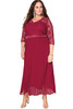 Red Lace Scalloped V Neck 3/4 Sleeves Pleated Tulle Plus Maxi Dress