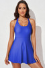 Blue Strappy Halterneck Skirt Style One Piece Swimsuit