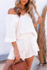 White Relaxed V Neck Blouse and Drawstring Raw Hem Shorts Set