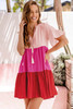 Pink Tie Button V Neck Short Flowy Sleeve Tiered Dress