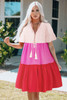 Pink Tie Button V Neck Short Flowy Sleeve Tiered Dress