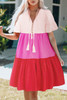 Pink Tie Button V Neck Short Flowy Sleeve Tiered Dress