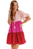 Pink Tie Button V Neck Short Flowy Sleeve Tiered Dress