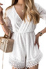 White V Neck Lace Trim Embroidered High Waist Romper