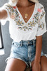 White Floral Embroidered V Neck Crinkle Babydoll Blouse