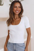 White Ribbed Square Neck Short Sleeve Top