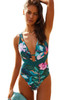 Green Plunge V Neck Floral Print Backless One-piece Swimwear