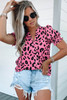 Pink Leopard Notch Neck Bubble Sleeve Blouse