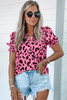 Pink Leopard Notch Neck Bubble Sleeve Blouse