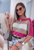 Rose Contrast Stripe Knit Half Sleeve Sweater