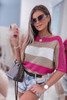 Rose Contrast Stripe Knit Half Sleeve Sweater