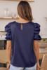 Dark Blue Ruched Puff Short Sleeve Satin Blouse