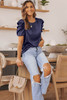 Dark Blue Ruched Puff Short Sleeve Satin Blouse