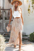 Apricot Boho Flower Print Smocked Waist Button Slit Maxi Skirt