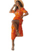 Orange Boho Floral Smocked Waist Maxi Dress with Slit