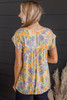 Yellow Floral Print Keyhole Back Short Sleeve Babydoll Blouse