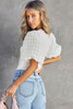 White Checkered Puff Sleeve Ribbed Knit Top