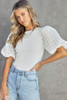 White Checkered Puff Sleeve Ribbed Knit Top