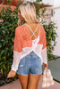 Multicolor Color Block Eyelet Long Sleeve Twisted Back Knit Top